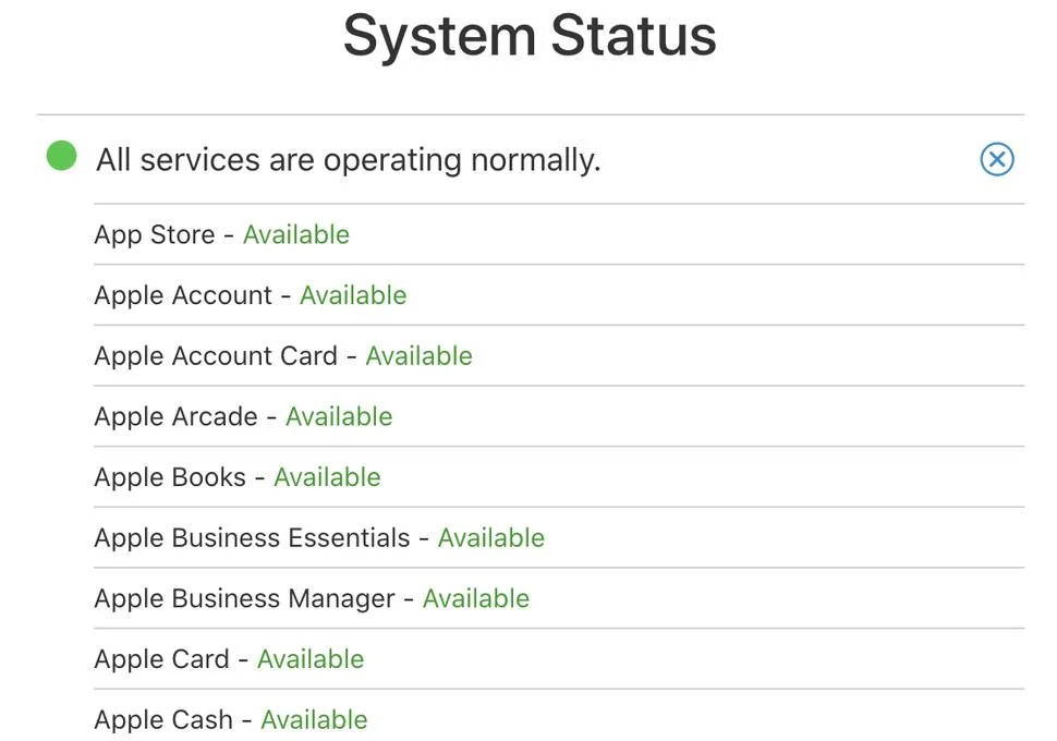Apple System Status page showing &ldquo;All services are operating normally&rdquo; with App Store and Apple Account listed as Available