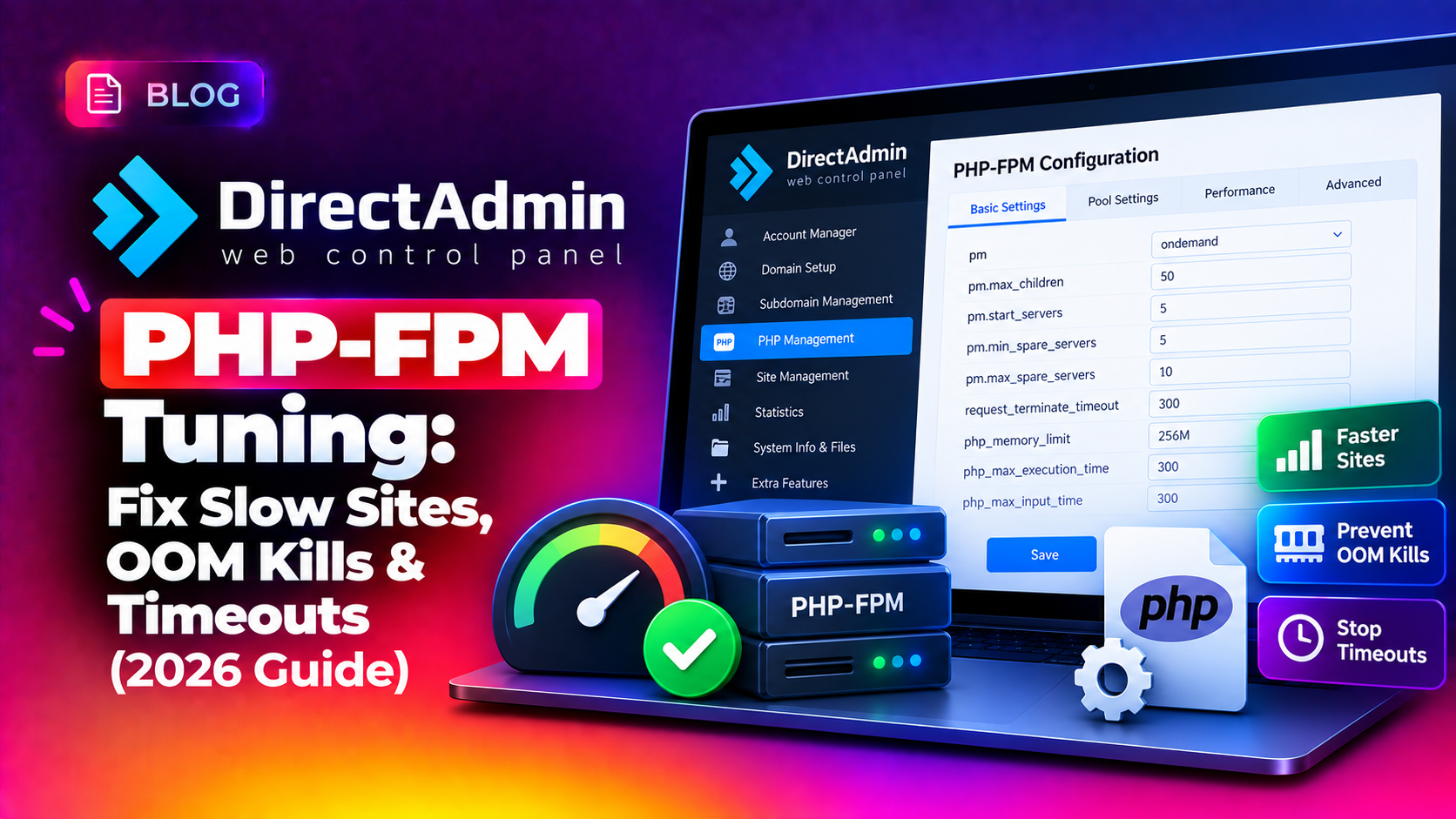 DirectAdmin PHP-FPM Tuning: Fix Slow Sites, OOM Kills & Timeouts (2026 Guide)