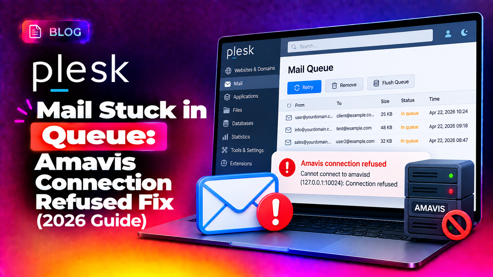 Plesk Mail Stuck in Queue: Amavis Connection Refused Fix (2026)