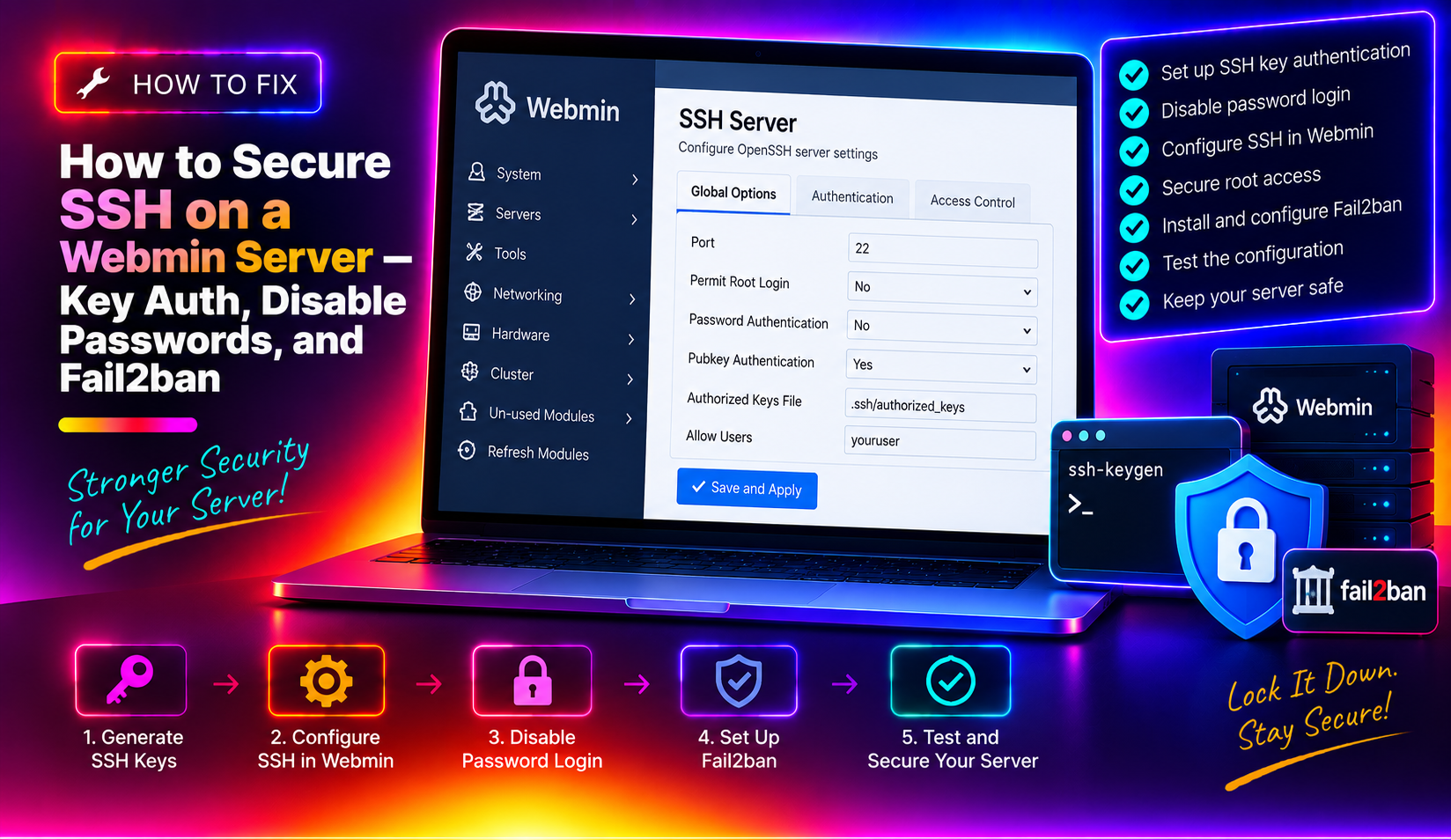 How to Secure SSH on a Webmin Server — Key Auth, Disable Passwords, and Fail2ban