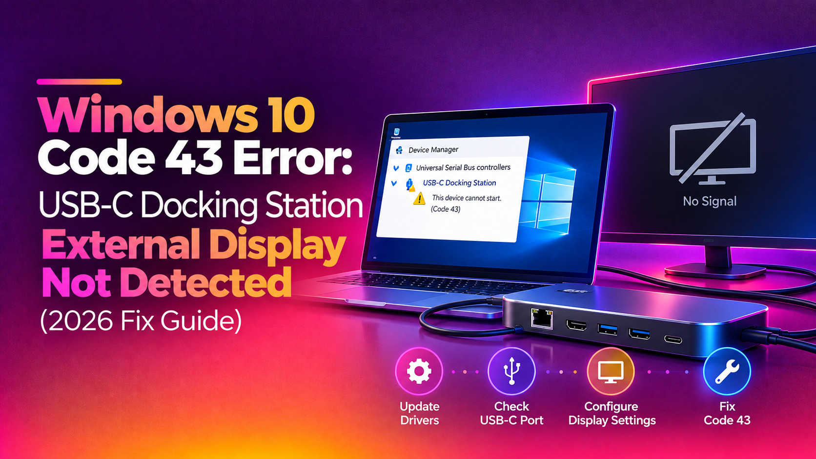 Windows 10 Code 43 Error: USB-C Docking Station External Display Not Detected (2026 Fix Guide)
