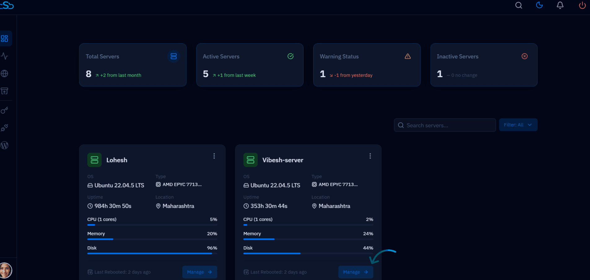 CloudStick dashboard showing connected servers with live CPU, memory, and disk usage