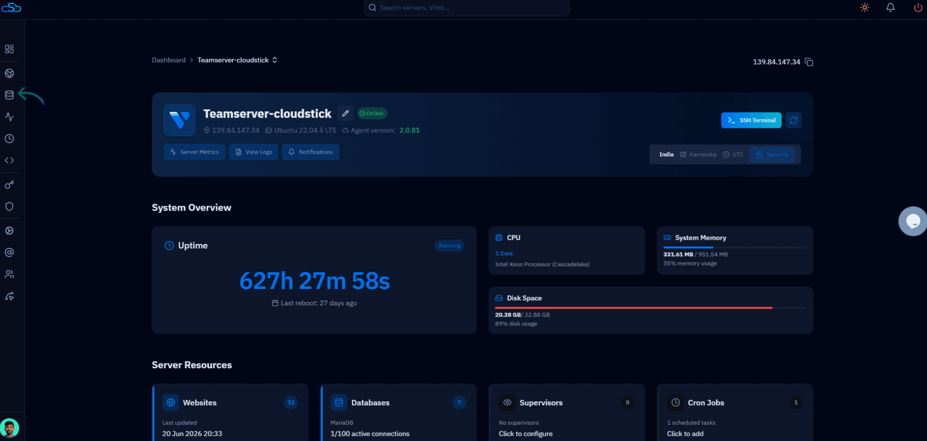 CloudStick server summary dashboard showing uptime, CPU, memory, and disk usage