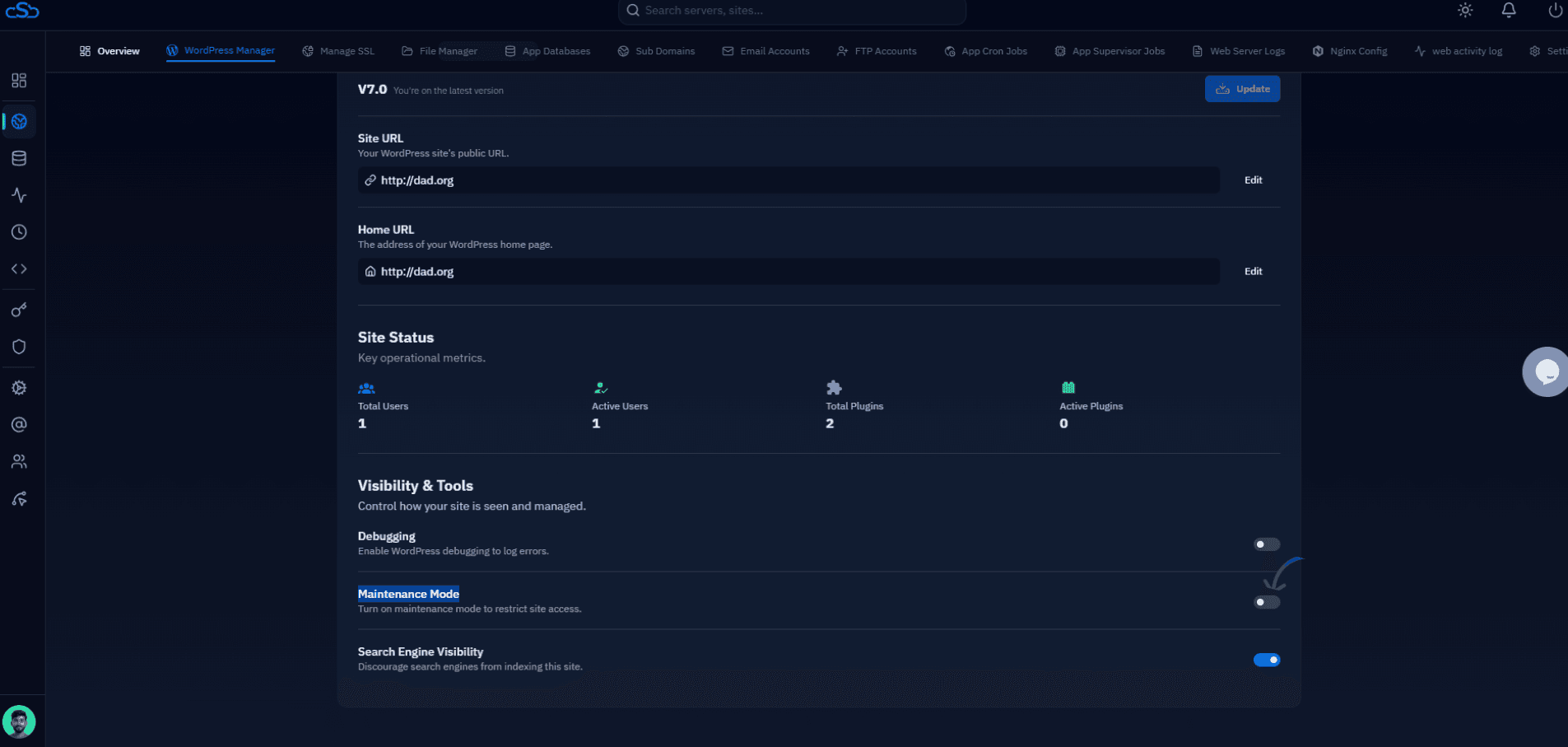 CloudStick WordPress Manager showing site status, plugins, and maintenance mode controls