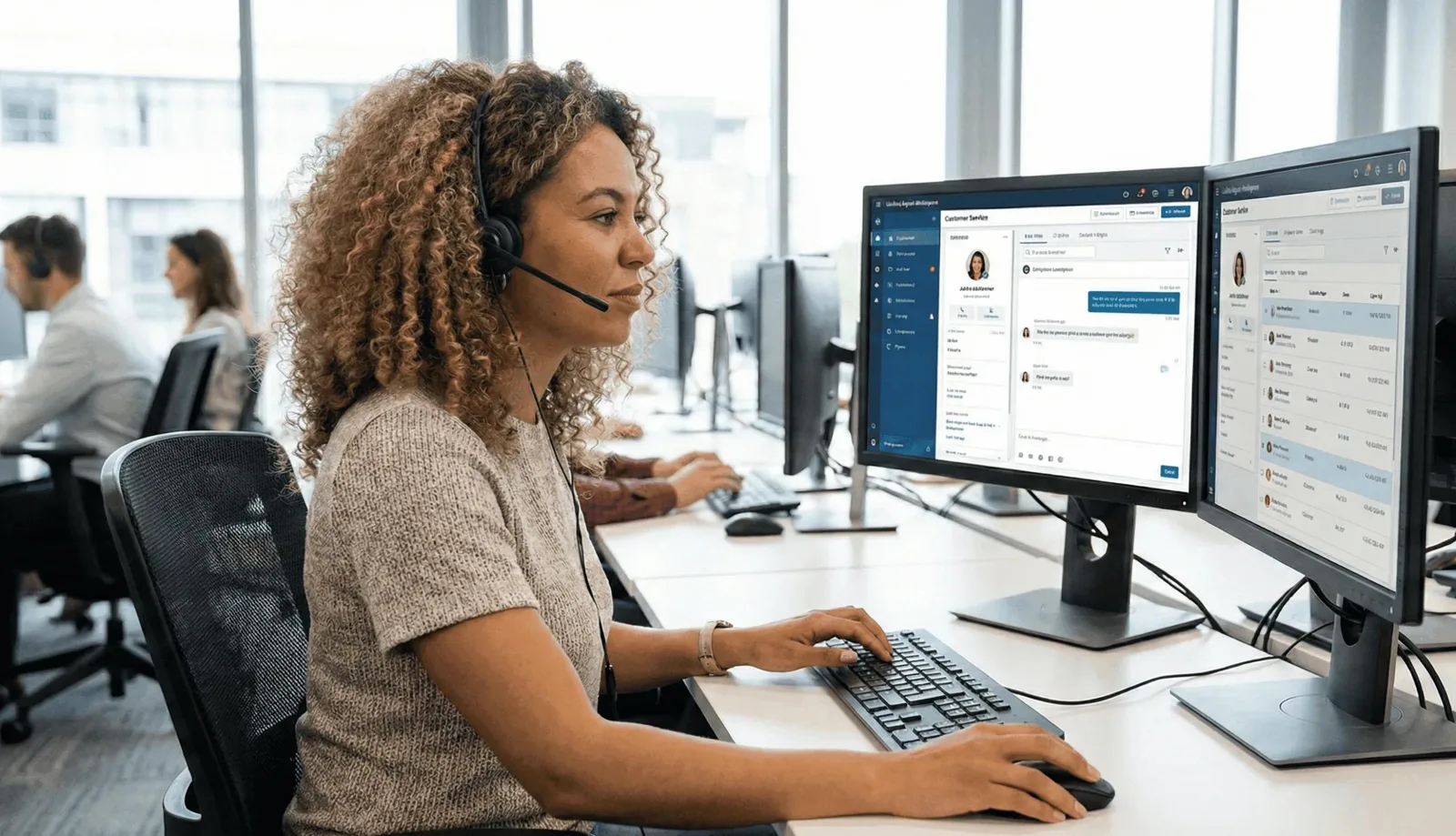 Live chat support agent with a headset handling customer chats on dual monitors in a 24/7 support team for SaaS hosting providers