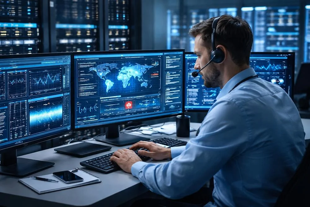 Live chat support specialist with a headset monitoring server dashboards and global infrastructure maps for a SaaS hosting provider