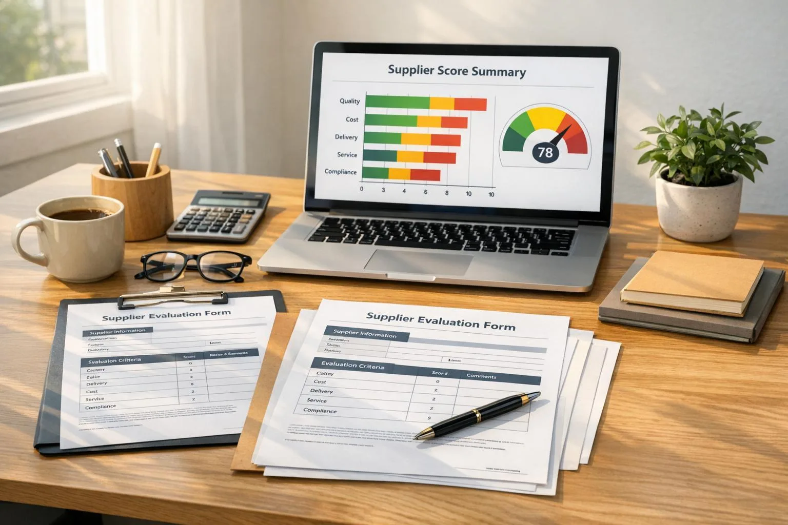 Vendor evaluation scorecard on a laptop showing supplier scores for quality, cost, delivery, service and compliance next to printed evaluation forms