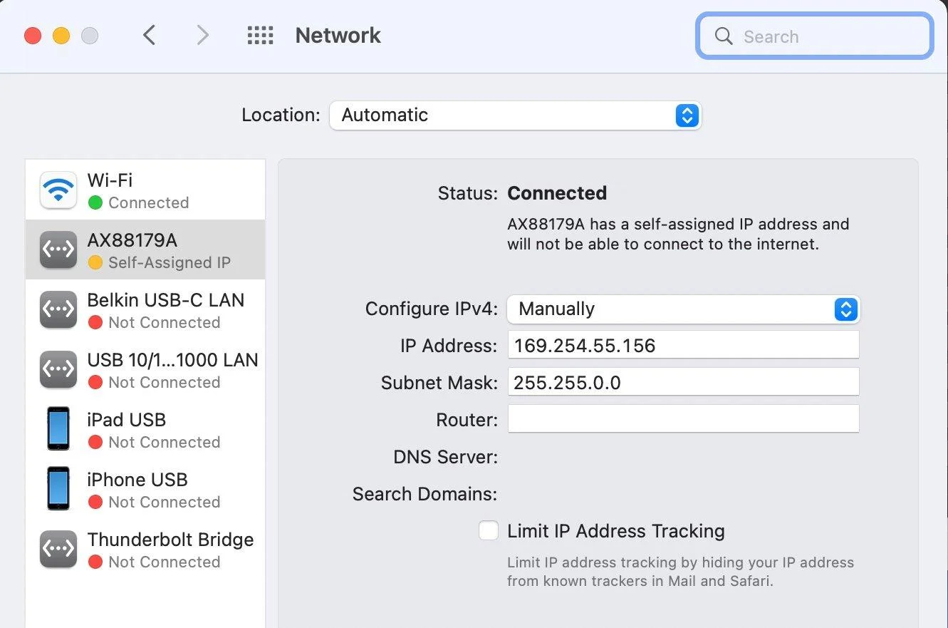 macOS Network settings showing a Self-Assigned IP status with a 169.254.55.156 address, 255.255.0.0 subnet mask and no router or DNS server