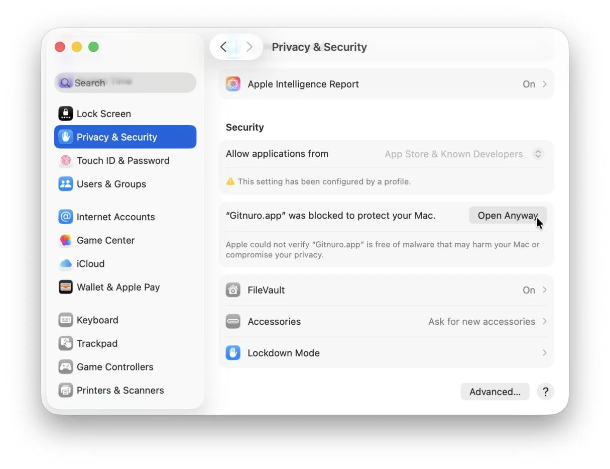 macOS System Settings Privacy & Security pane showing an app blocked to protect your Mac, with the Open Anyway button highlighted under Security