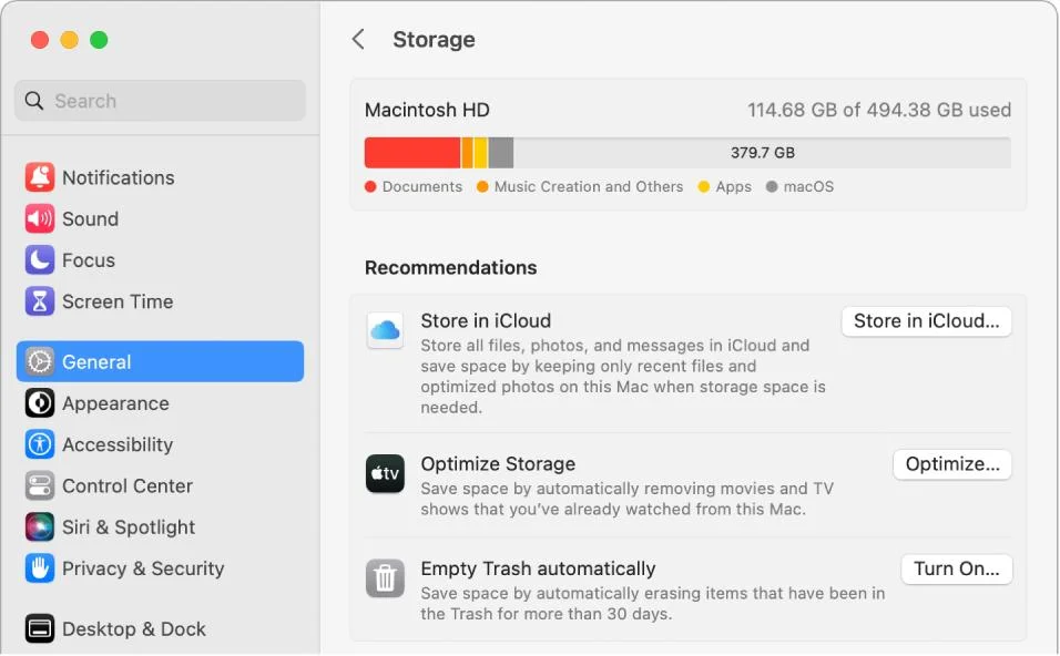 macOS System Settings Storage pane showing Macintosh HD usage bar and storage Recommendations such as Store in iCloud, Optimize Storage and Empty Trash automatically