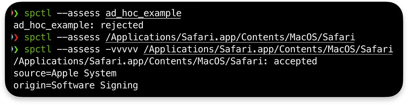 macOS Terminal running spctl --assess, showing a rejected result for an unsigned app and an accepted result with source Apple System for Safari
