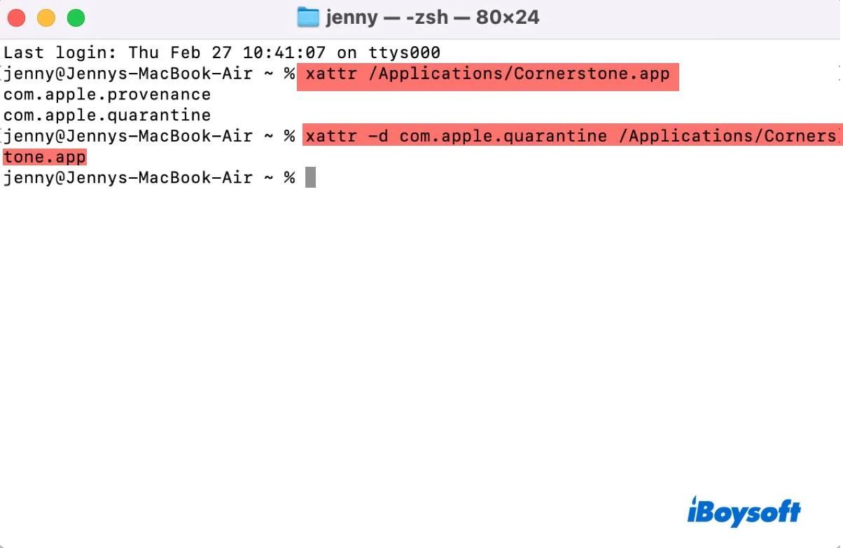 macOS Terminal showing xattr listing com.apple.provenance and com.apple.quarantine on Cornerstone.app, followed by xattr -d com.apple.quarantine to remove the flag