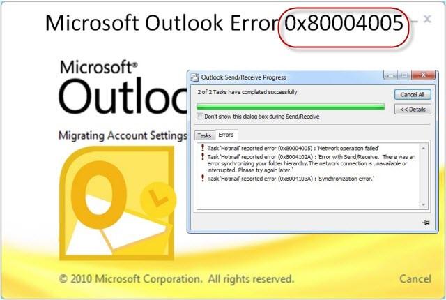 Microsoft Outlook Send/Receive Progress dialog showing error 0x80004005: Network operation failed