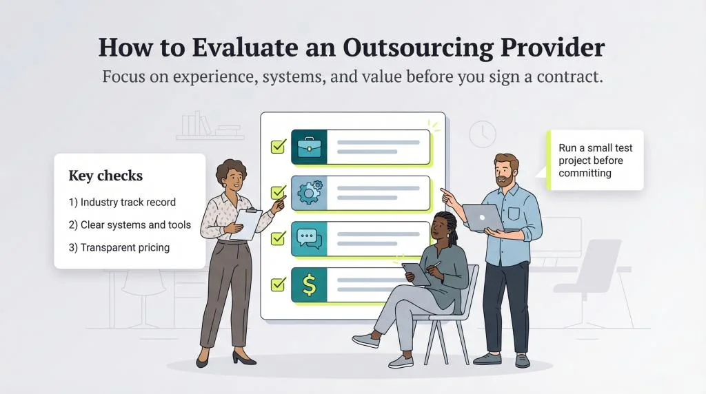 Illustration of three people reviewing a vendor evaluation checklist with key checks: industry track record, clear systems and tools, and transparent pricing, plus a tip to run a small test project before committing