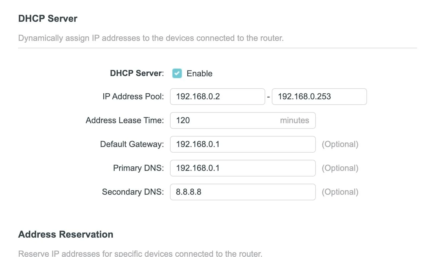 Router DHCP Server settings page showing DHCP enabled, IP address pool 192.168.0.2 to 192.168.0.253, 120 minute lease time, default gateway 192.168.0.1 and DNS servers