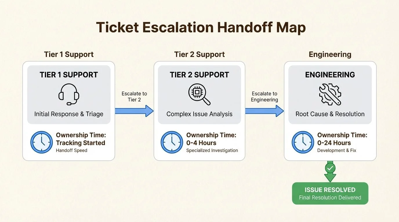 Ticket escalation handoff map showing Tier 1 support, Tier 2 support and Engineering with ownership times, ending in issue resolved