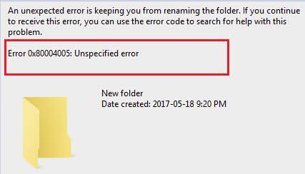 Windows dialog showing Error 0x80004005: Unspecified error when renaming a folder