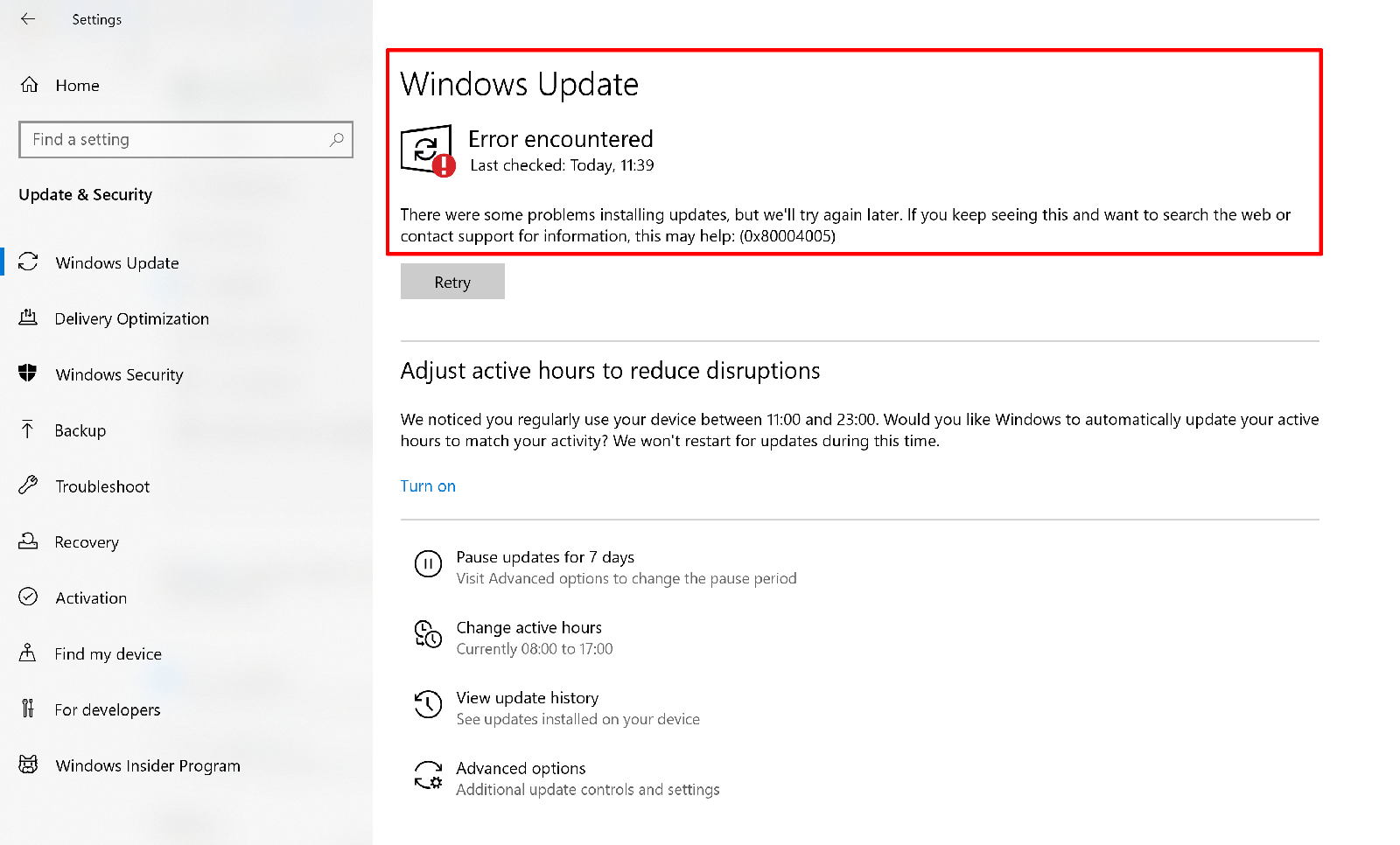 Windows 10 Settings showing Windows Update Error encountered with code 0x80004005 after problems installing updates
